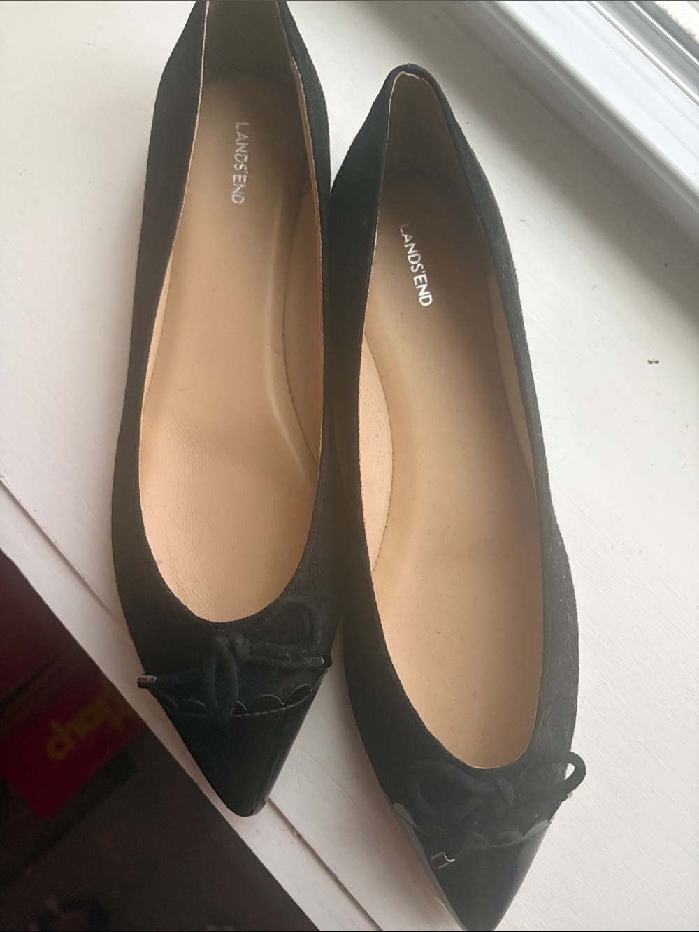 Lands' End Black Suede Pointed-Toe Bow Flats